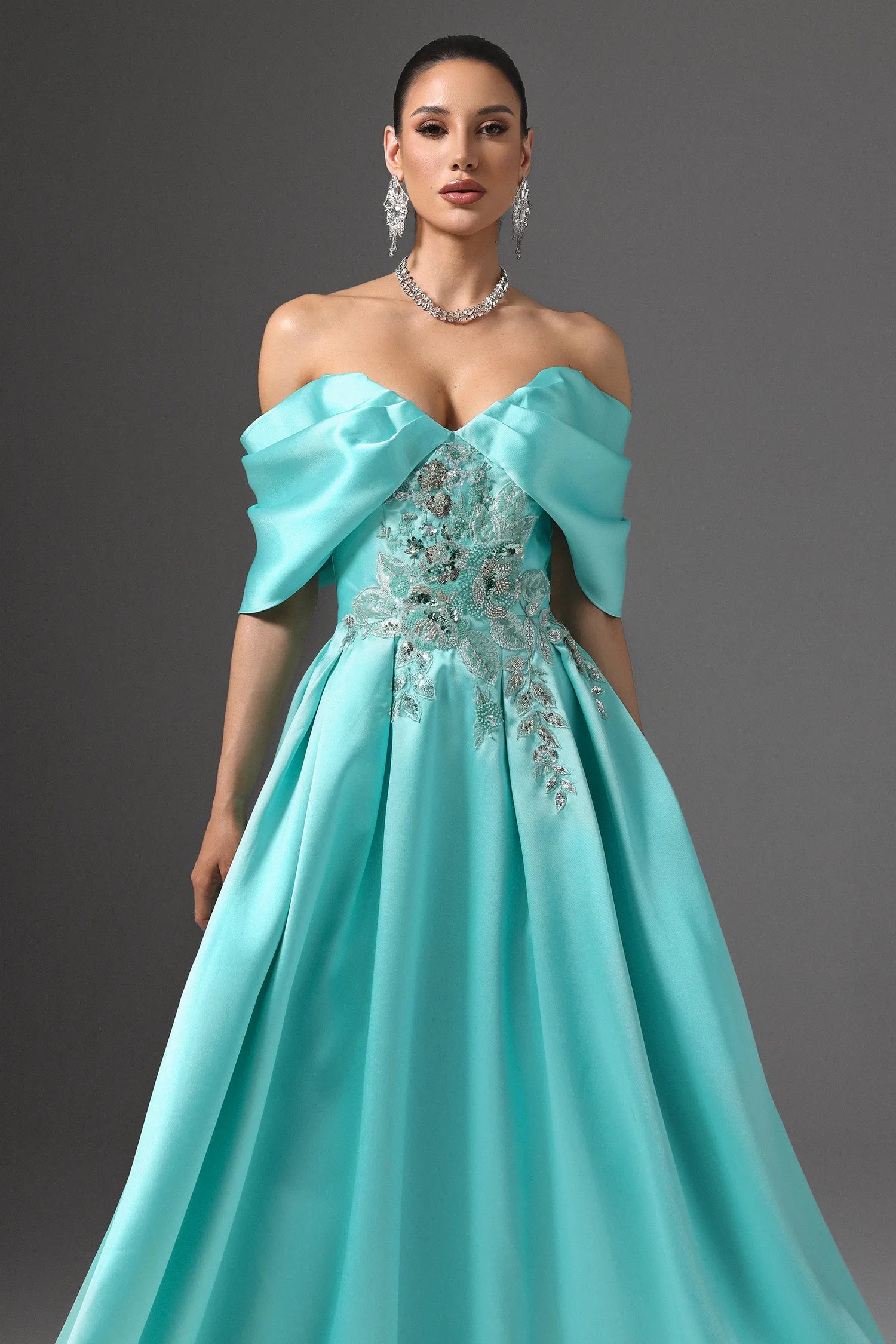 Turquoise Off-The-Shoulder 3D Floral Applique Lace-Up Back Satin Maxi Evening Dresses