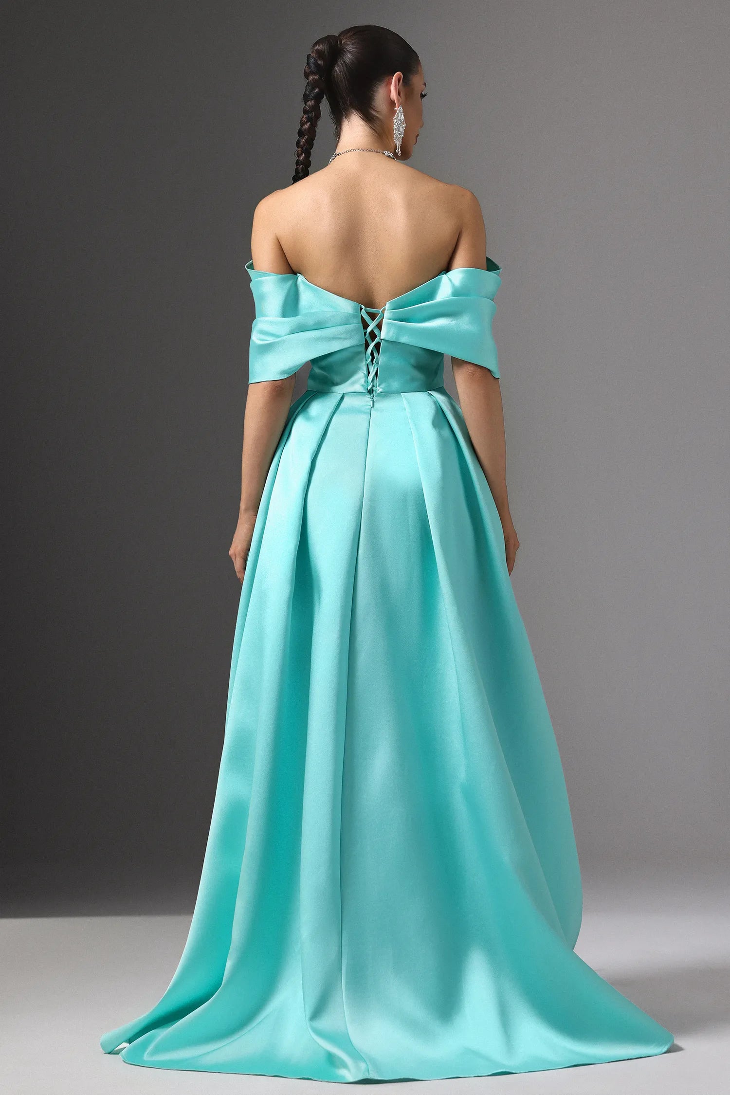 Turquoise Off-The-Shoulder 3D Floral Applique Lace-Up Back Satin Maxi Evening Dresses