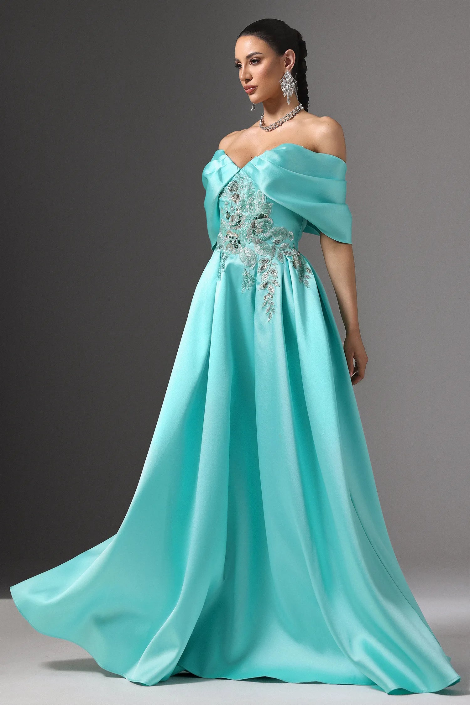Turquoise Off-The-Shoulder 3D Floral Applique Lace-Up Back Satin Maxi Evening Dresses