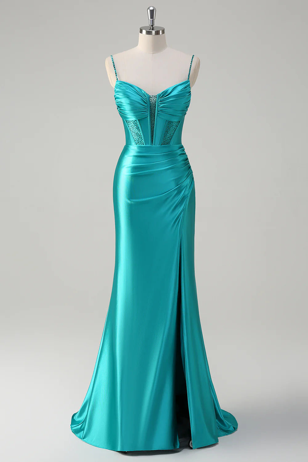Turquoise Satin Corset Lace-Up Back High Slit Mermaid Evening Dresses