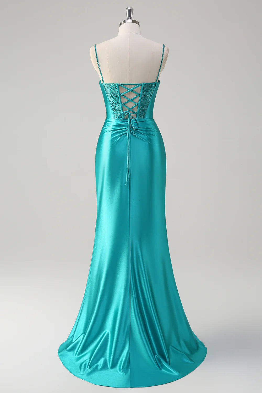 Turquoise Satin Corset Lace-Up Back High Slit Mermaid Evening Dresses