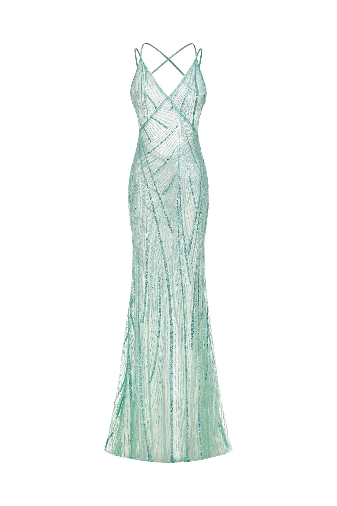 Turquoise Sheer Mesh Sequin Embellished Open Back Mermaid Maxi Evening Dresses