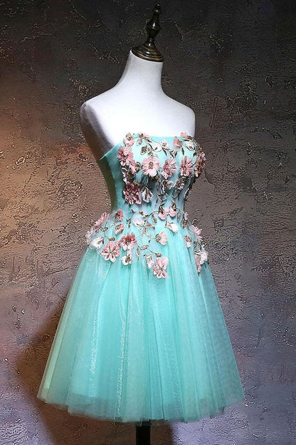 Turquoise Short A-line Flowers Party Dress
