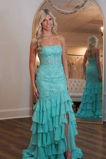 Turquoise Strapless Beaded Lace Mermaid Maxi Dress with Tiered Ruffle Skirt & Side Slit