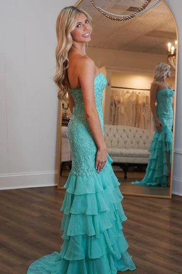 Turquoise Strapless Beaded Lace Mermaid Maxi Dress with Tiered Ruffle Skirt & Side Slit