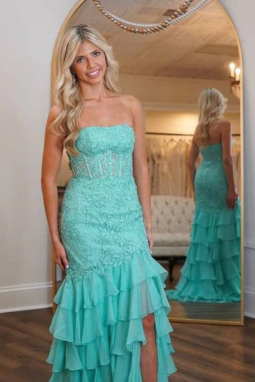 Turquoise Strapless Beaded Lace Mermaid Maxi Dress with Tiered Ruffle Skirt & Side Slit