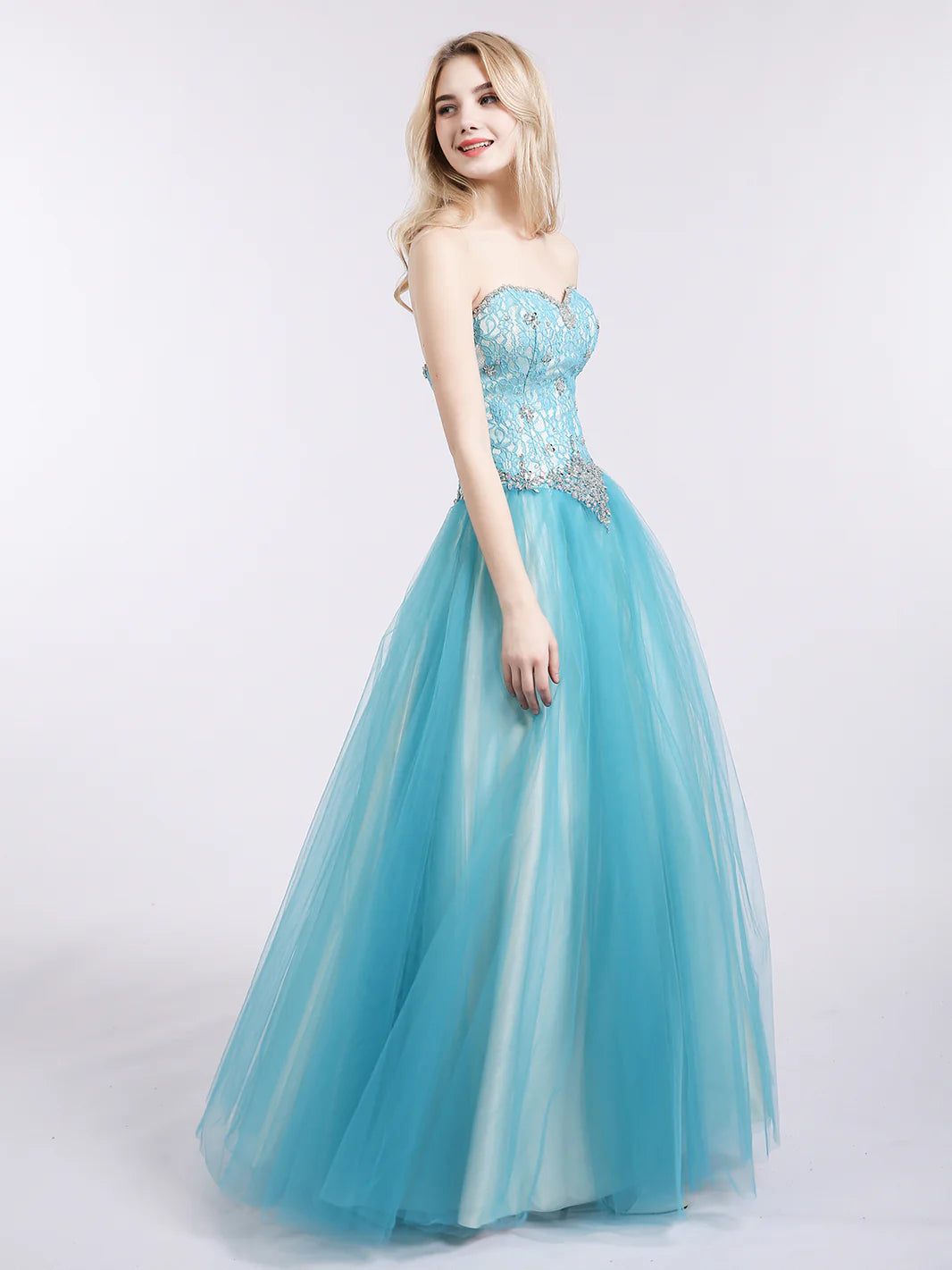 Turquoise Strapless Beaded Tulle Maxi Evening Dresses