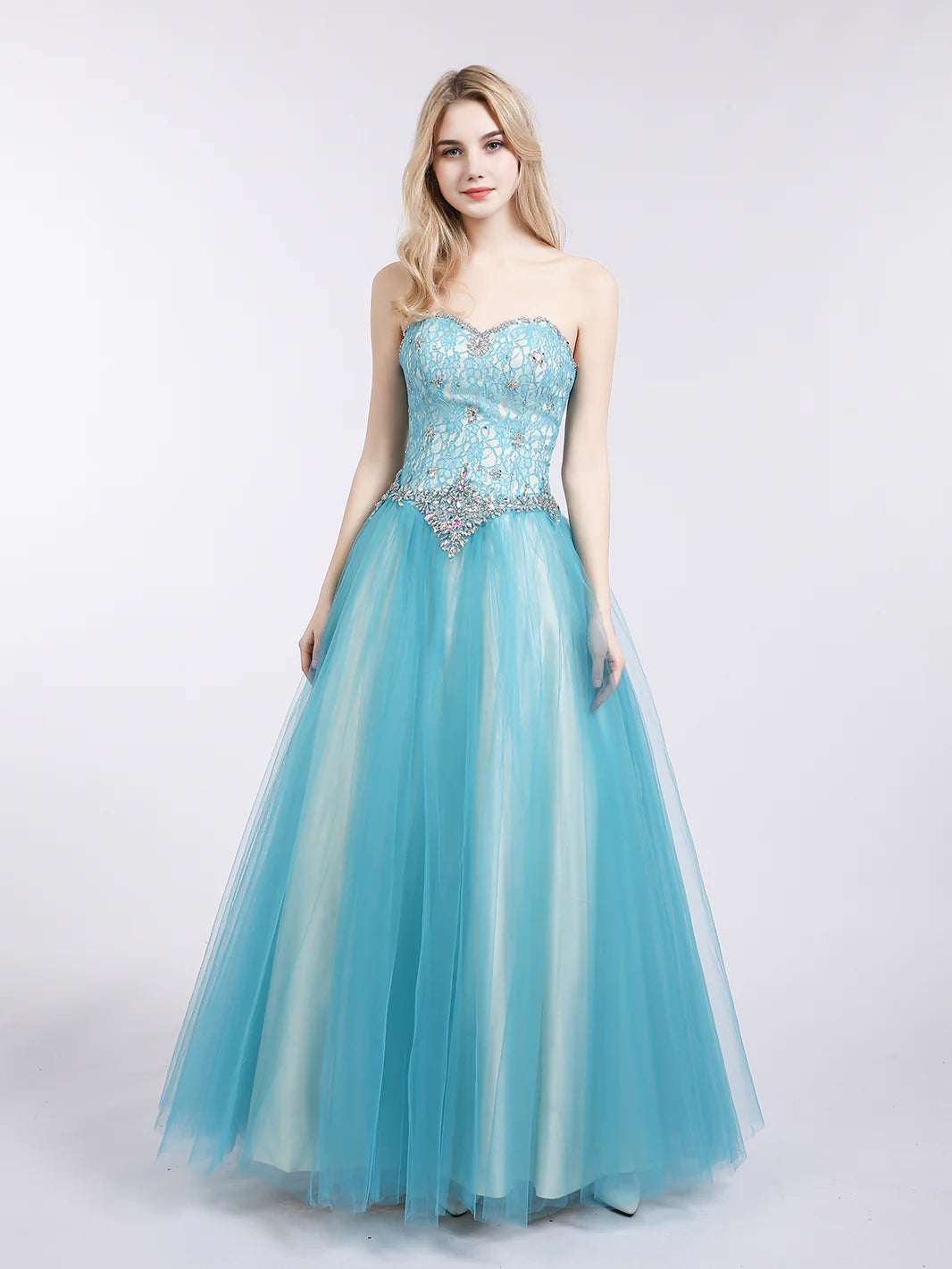 Turquoise Strapless Beaded Tulle Maxi Evening Dresses