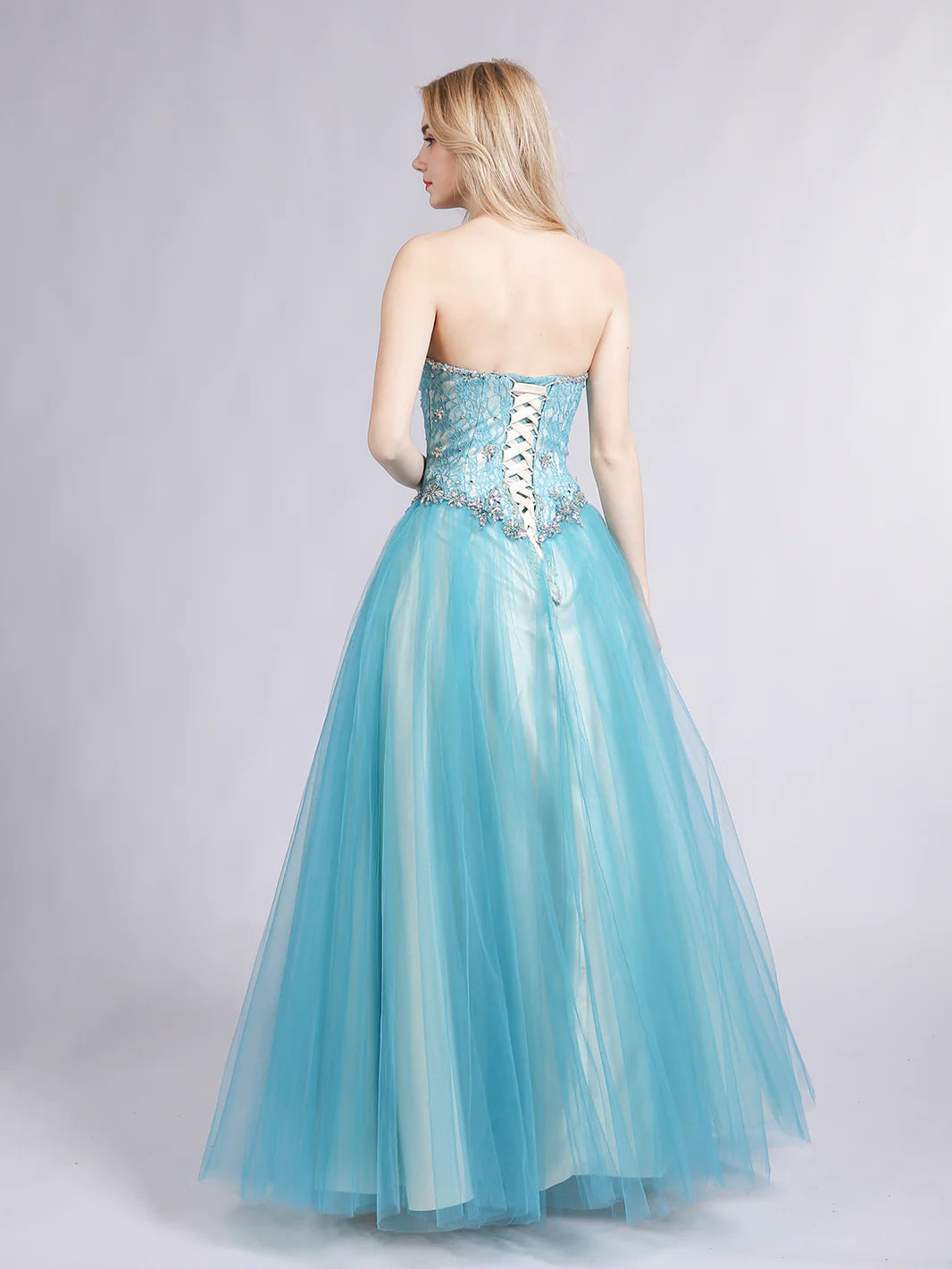 Turquoise Strapless Beaded Tulle Maxi Evening Dresses