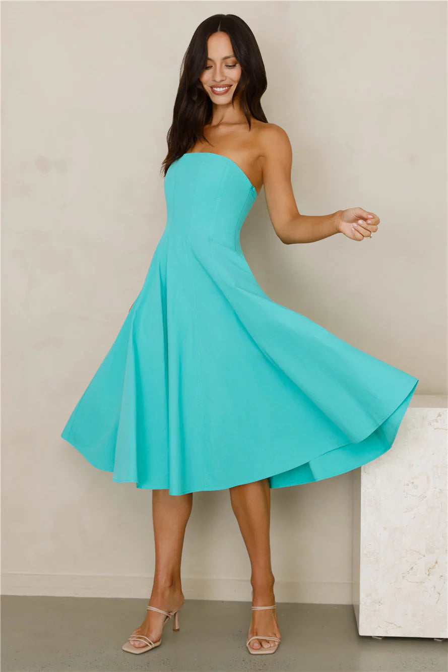 Turquoise Strapless Pocketed A-Line Midi Evening Dresses