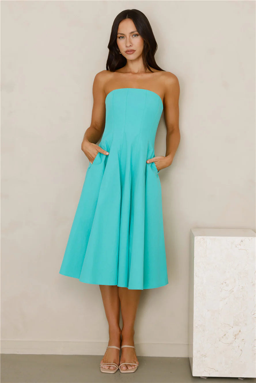 Turquoise Strapless Pocketed A-Line Midi Evening Dresses