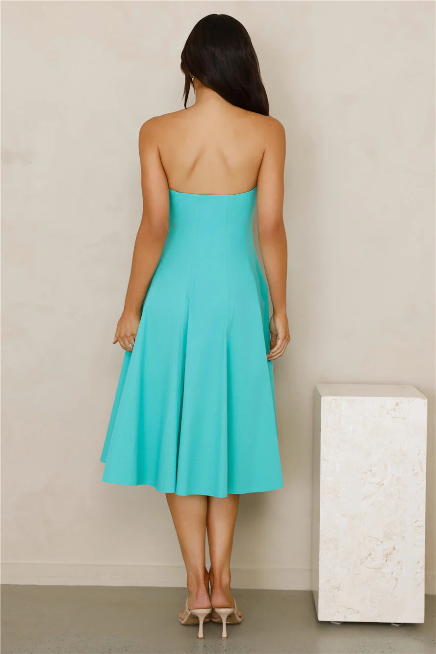 Turquoise Strapless Pocketed A-Line Midi Evening Dresses