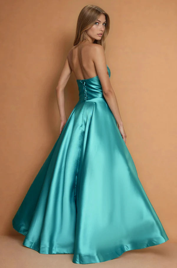 Turquoise Strapless Satin A-Line Evening Dress