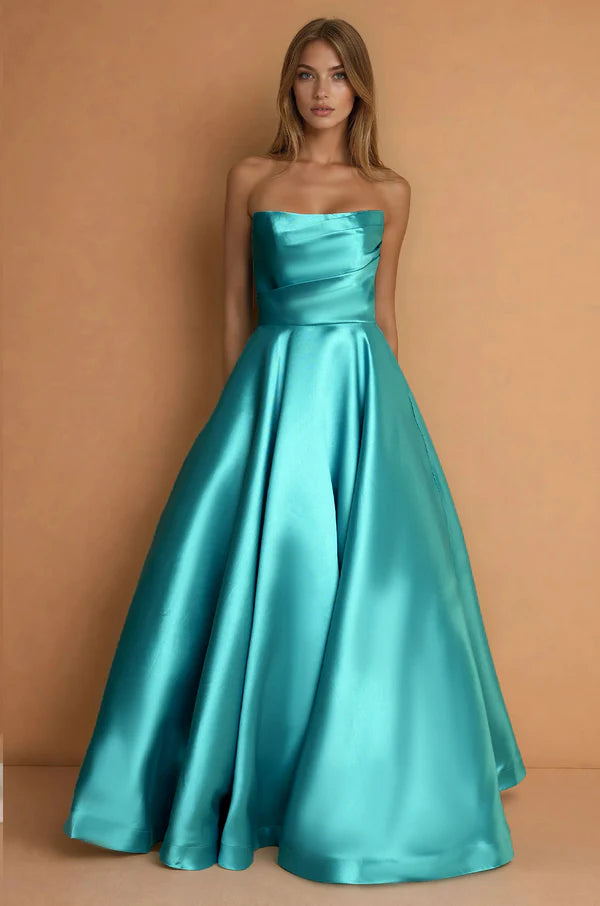 Turquoise Strapless Satin A-Line Evening Dress