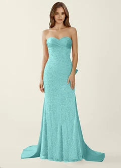 Turquoise Strapless Sequin Lace Bow Back Mermaid Evening Dresses