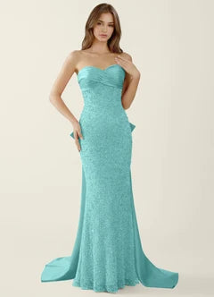 Turquoise Strapless Sequin Lace Bow Back Mermaid Evening Dresses