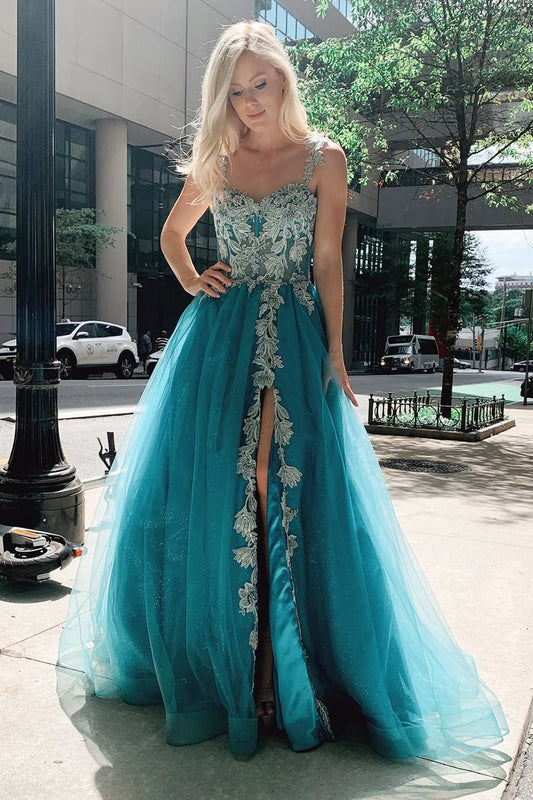 Turquoise Tulle Floral Appliques Sweetheart A-Line Prom Gown