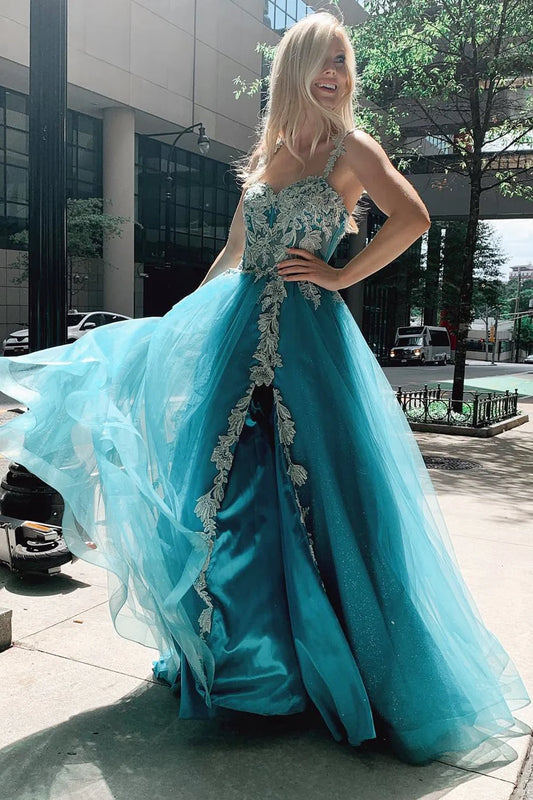 Turquoise Tulle Floral Appliques Sweetheart A-Line Prom Gown