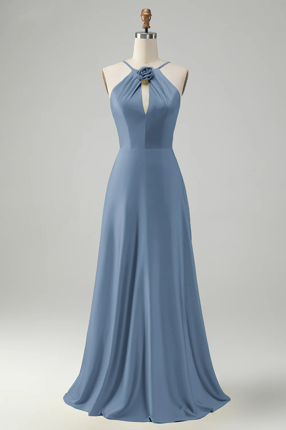 A-line hanging neck backless pleated long bridesmaid floral dress