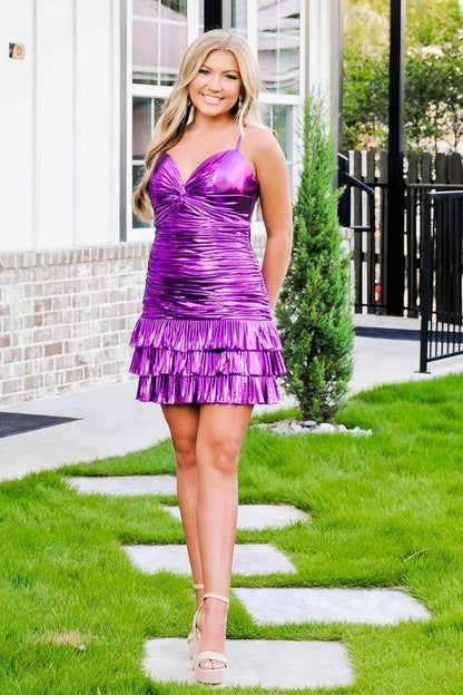 Twist Knot Ruched Metallic Ruffle Short Dress