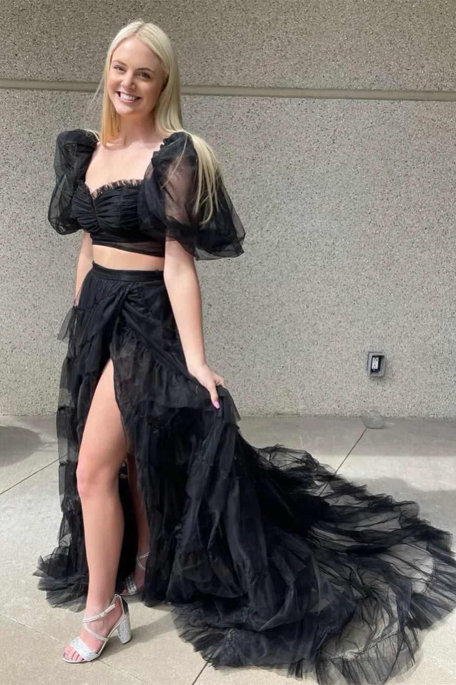 Two-Piece Tulle A-Line Long Prom Dress with Puff Sleeves