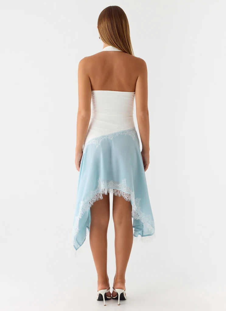 Two-Tone Halter Neck Lace Trim Asymmetrical Midi Evening Dresses