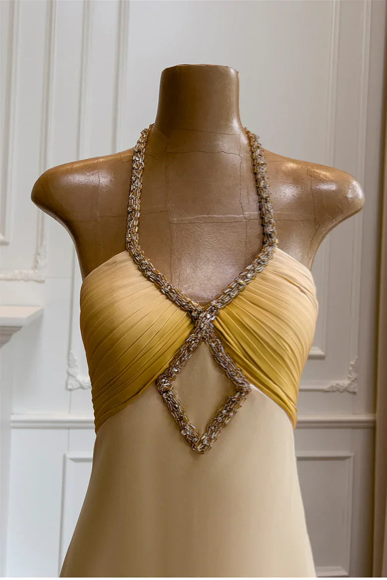 Two-Tone Yellow Halter Maxi Prom Dress with Beaded Cutout Detail
