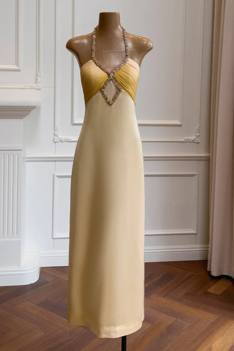 Two-Tone Yellow Halter Maxi Prom Dress with Beaded Cutout Detail