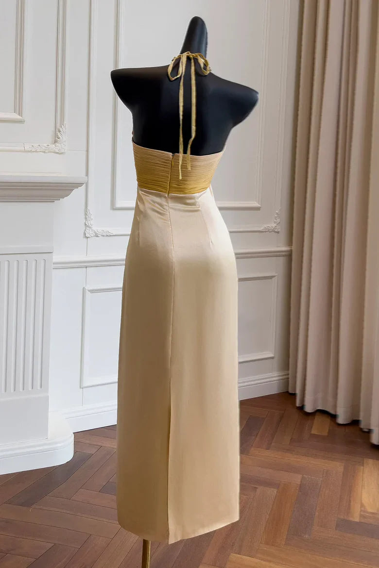 Two-Tone Yellow Halter Maxi Prom Dress with Beaded Cutout Detail