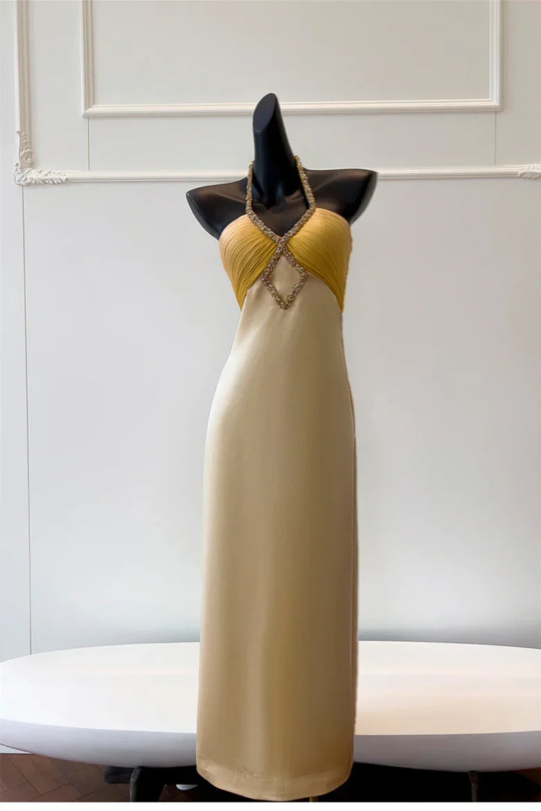 Two-Tone Yellow Halter Maxi Prom Dress with Beaded Cutout Detail