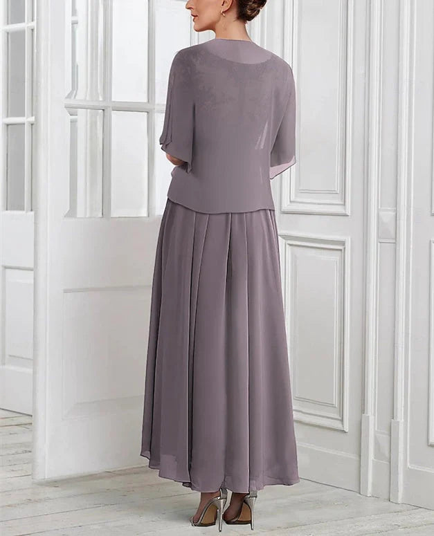 A-Line/Princess Chiffon V Neck Short Sleeves Mother of the Bride Dresses with Lace Jacket Pleats Appliques