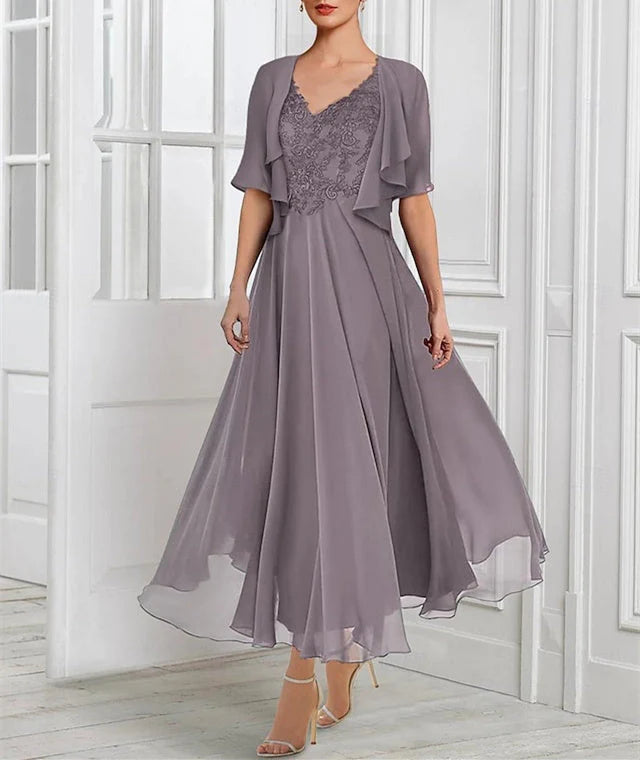 A-Line/Princess Chiffon V Neck Short Sleeves Mother of the Bride Dresses with Lace Jacket Pleats Appliques