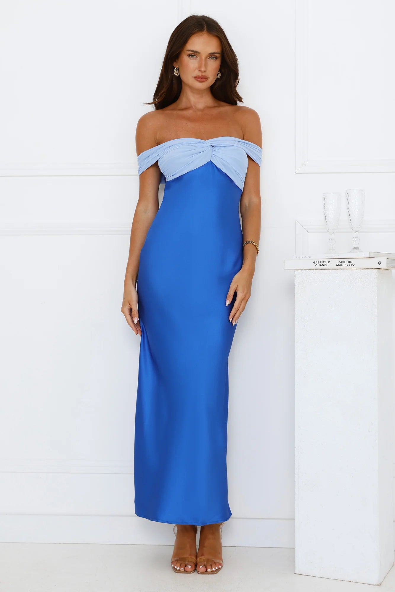 Two Tone Blue Off Shoulder Twist Front Satin Maxi Dresses