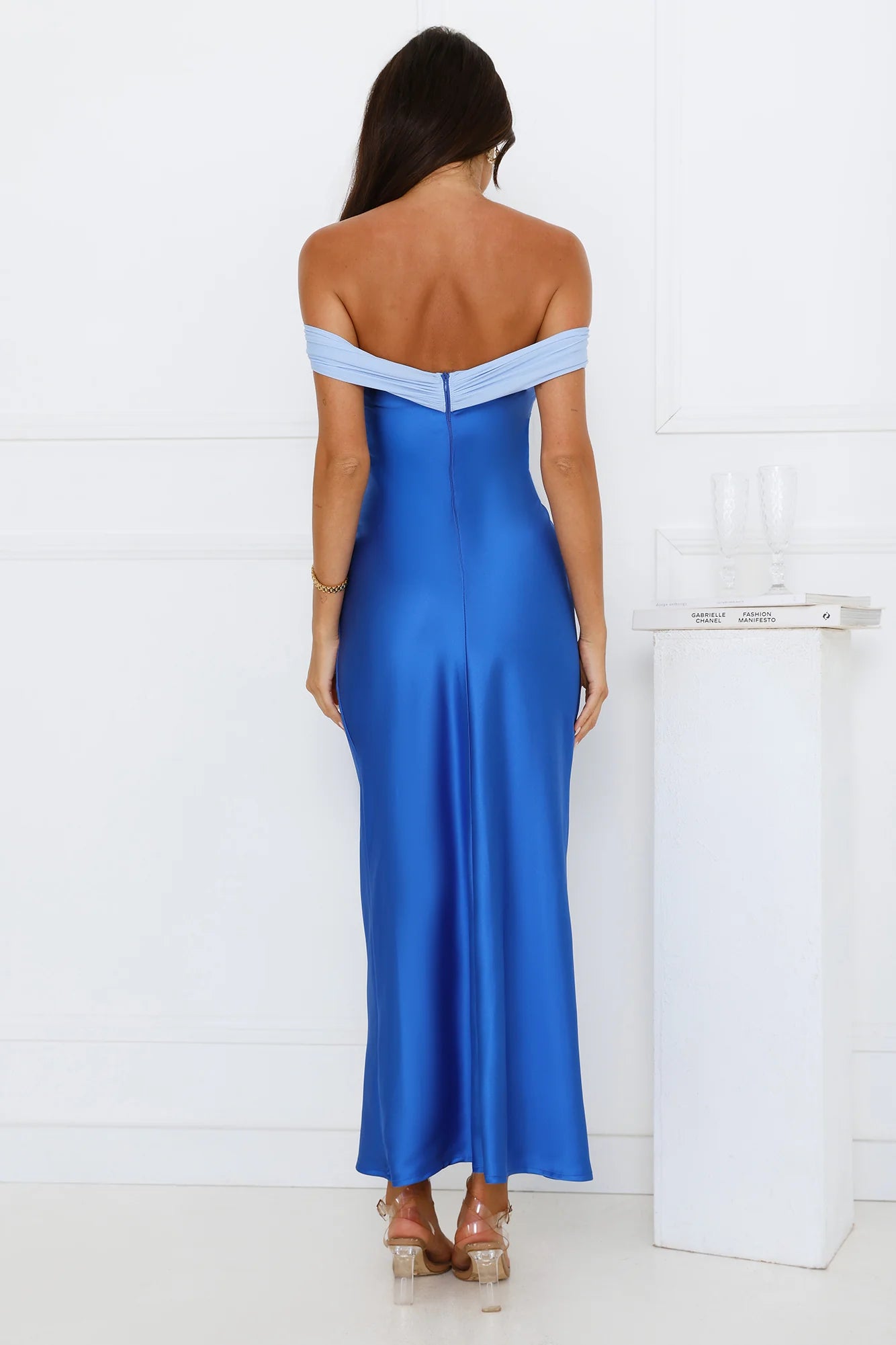 Two Tone Blue Off Shoulder Twist Front Satin Maxi Dresses