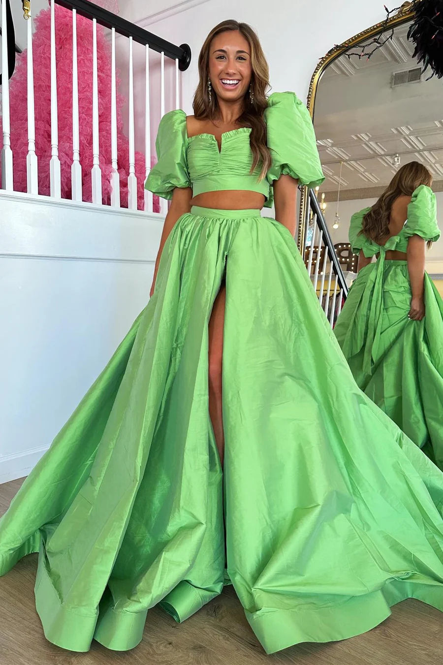 Two piece bubble sleeve lace up long ball dress