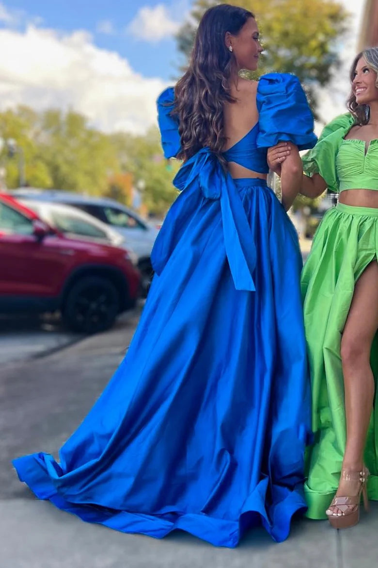 Two piece bubble sleeve lace up long ball dress