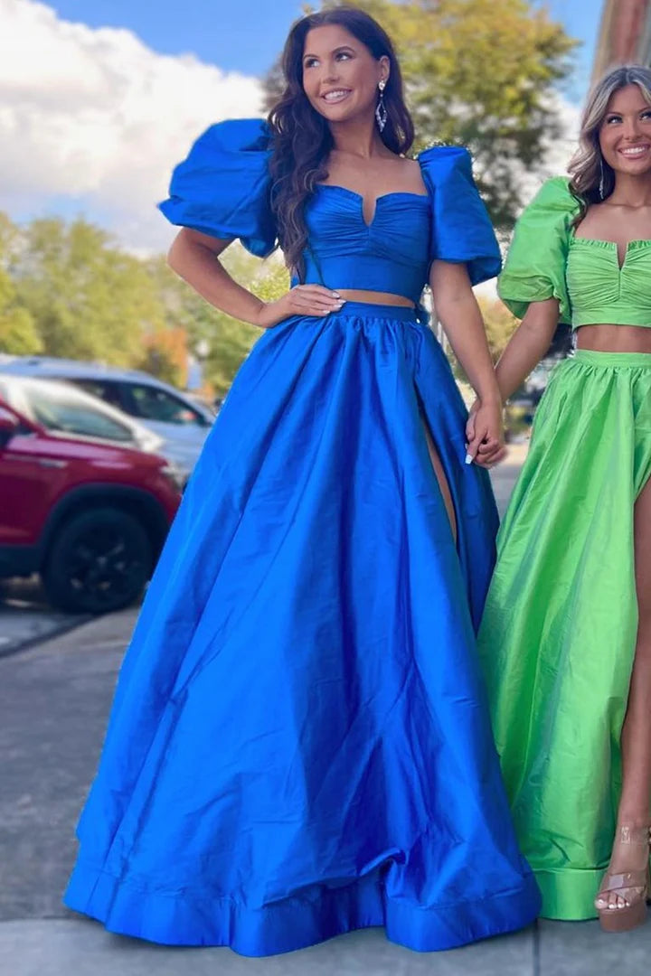 Two piece bubble sleeve lace up long ball dress