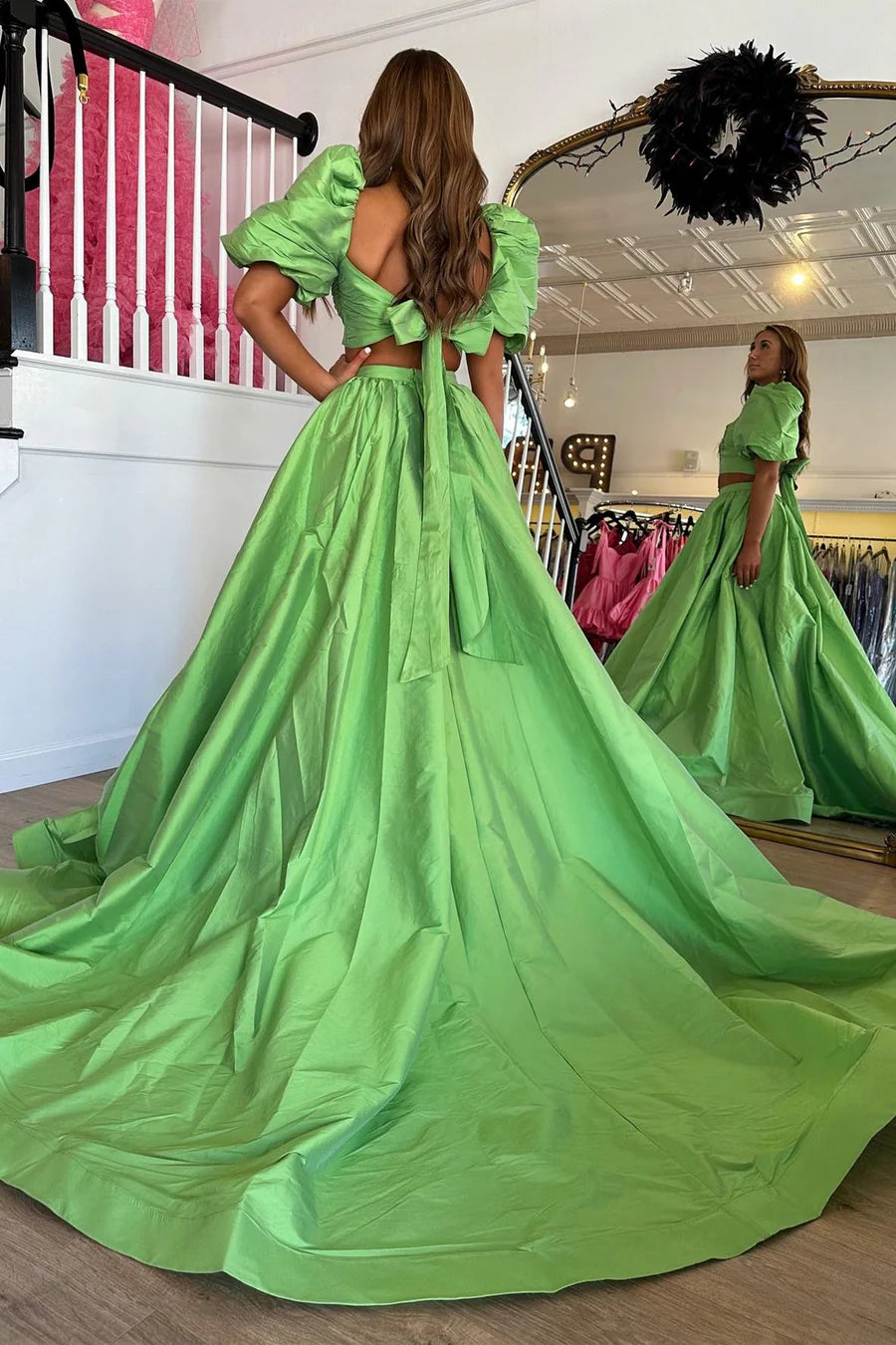 Two piece bubble sleeve lace up long ball dress