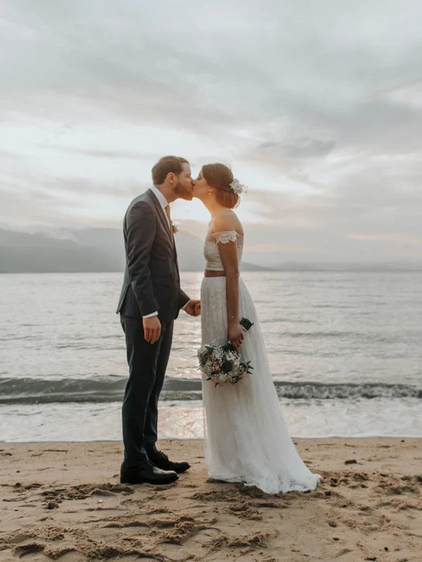 Two piece lace off shoulder mop wedding dress