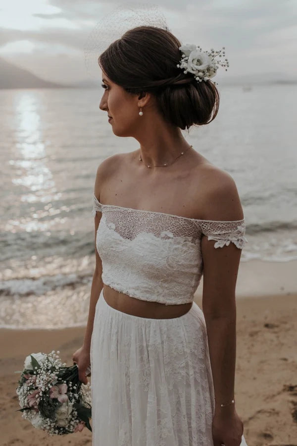 Two piece lace off shoulder mop wedding dress