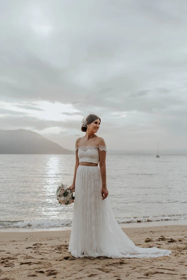 Two piece lace off shoulder mop wedding dress