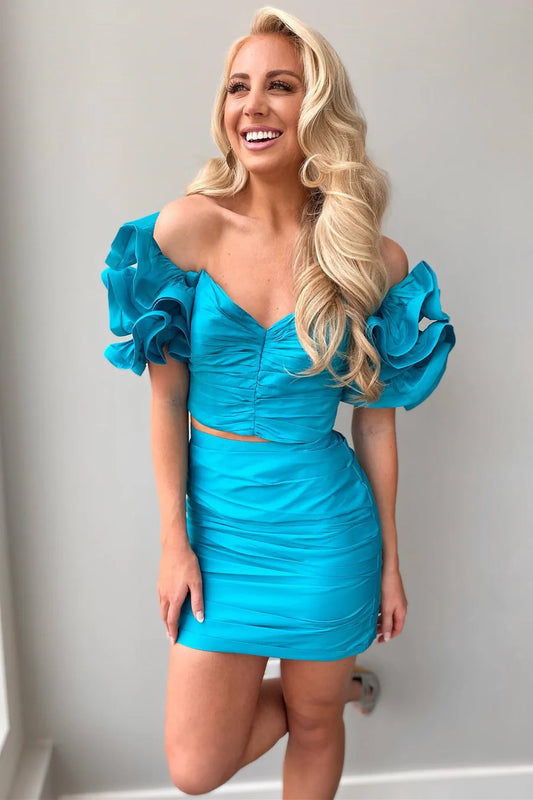 Two piece pleated sleeve tight mini back to school dress