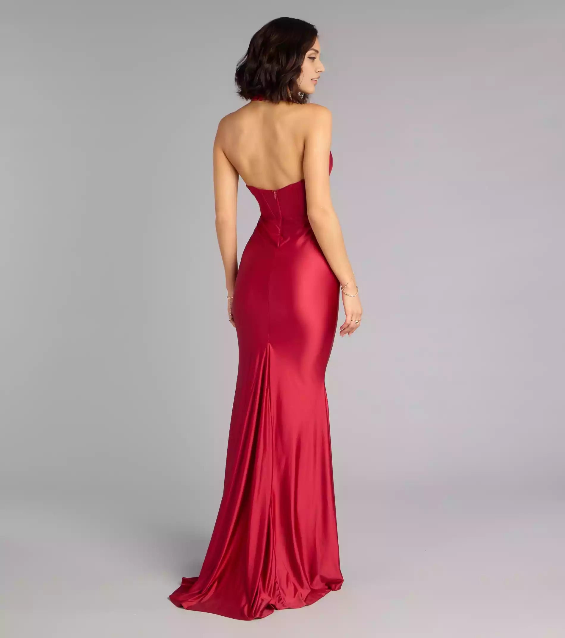 Unforgettable satin deep V backless neckline tight corset with back zipper closure mermaid silhouette and floor Prom Dresses