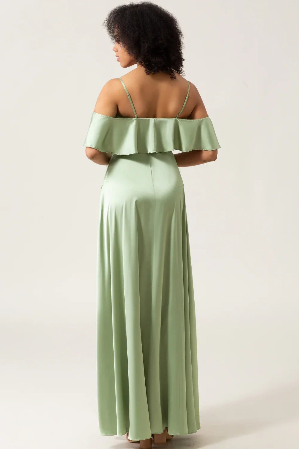 Unique A-line thin shoulder strap off shoulder satin bridesmaid dress