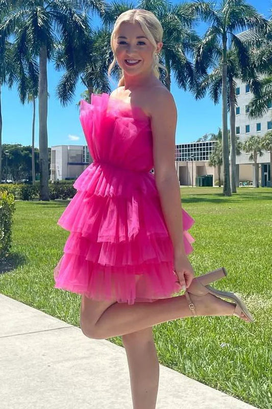 Unique Pink Strapless Layered A-Line Tulle Short Homecoming Dress
