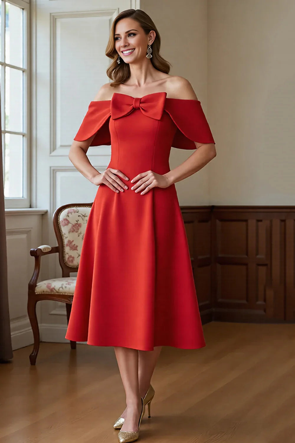 Unique and elegant off shoulder bow A-line mid length bridal mother gown