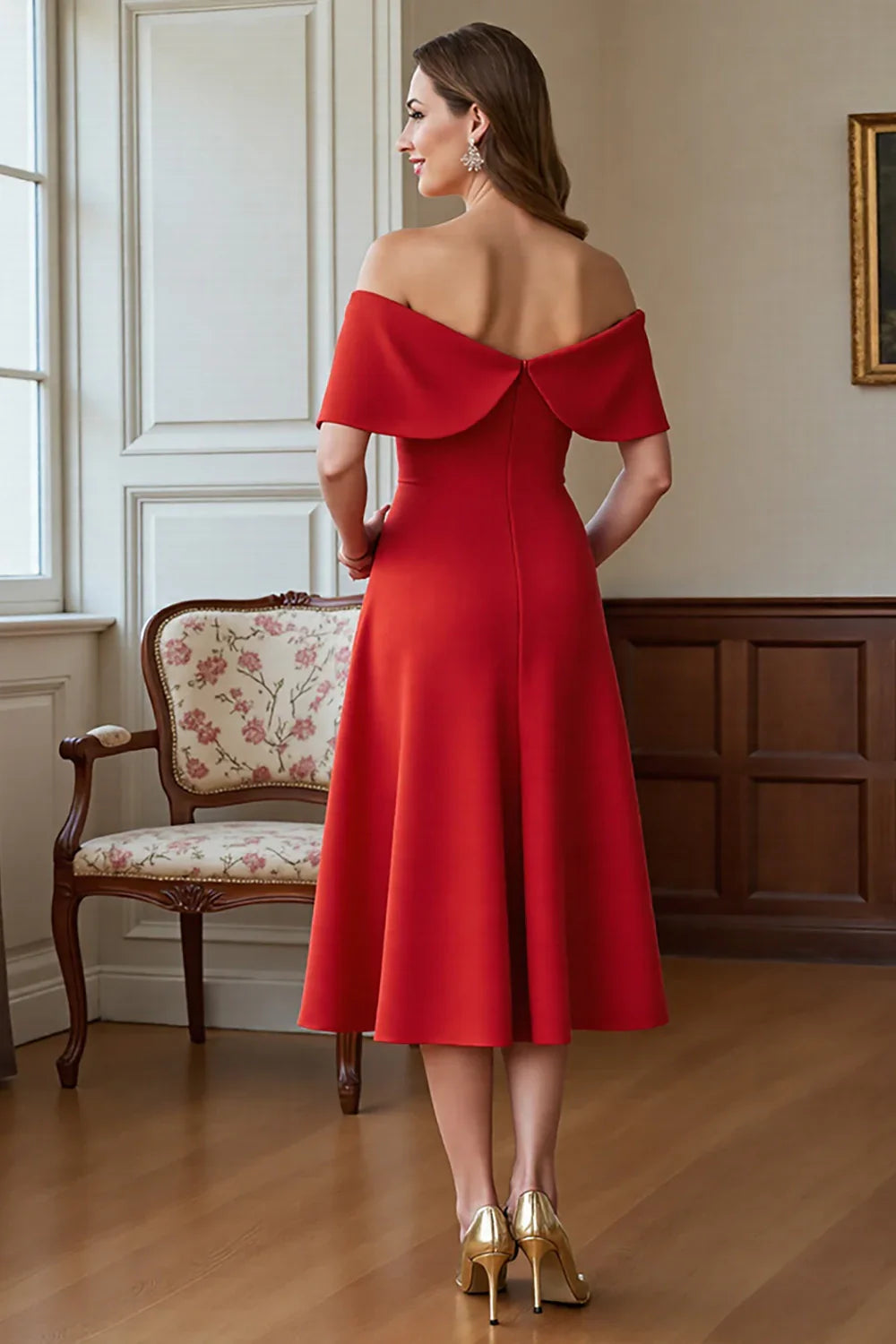 Unique and elegant off shoulder bow A-line mid length bridal mother gown
