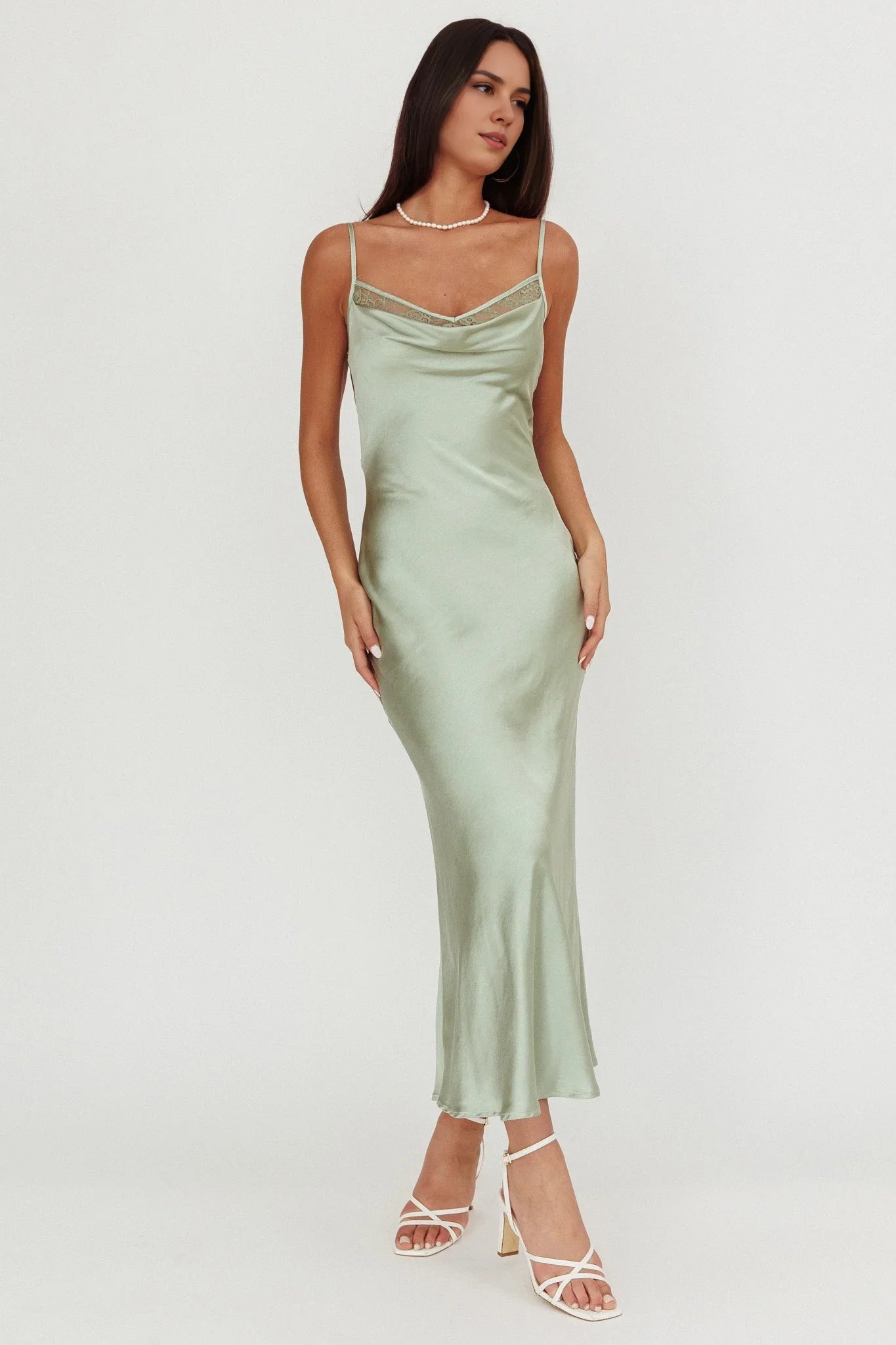 Unique satin extra long lace inlaid scarf collar, backless lace up bridesmaid dress