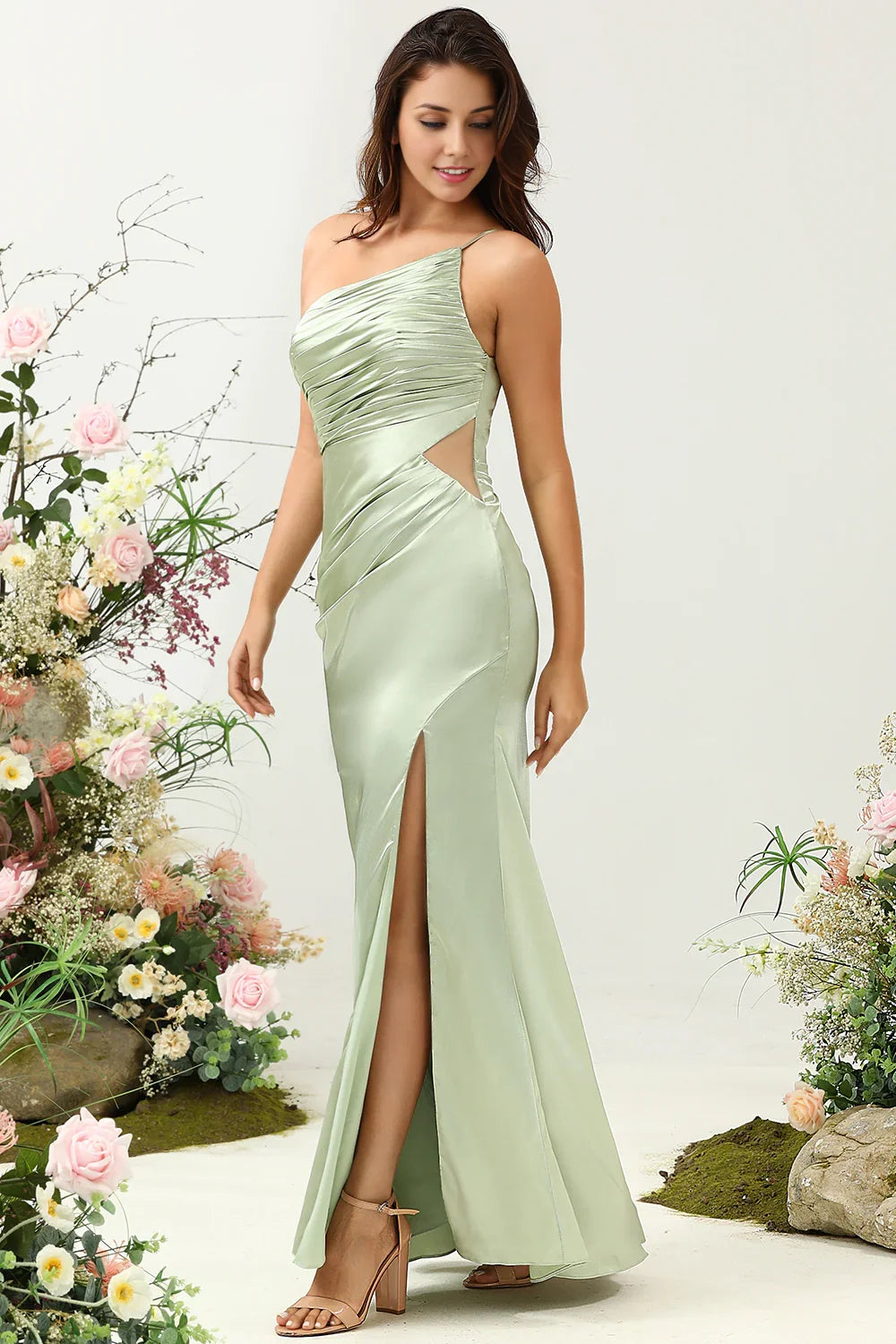 Unique slim shoulder strap A-line single shoulder shiny satin slit bridesmaid dress