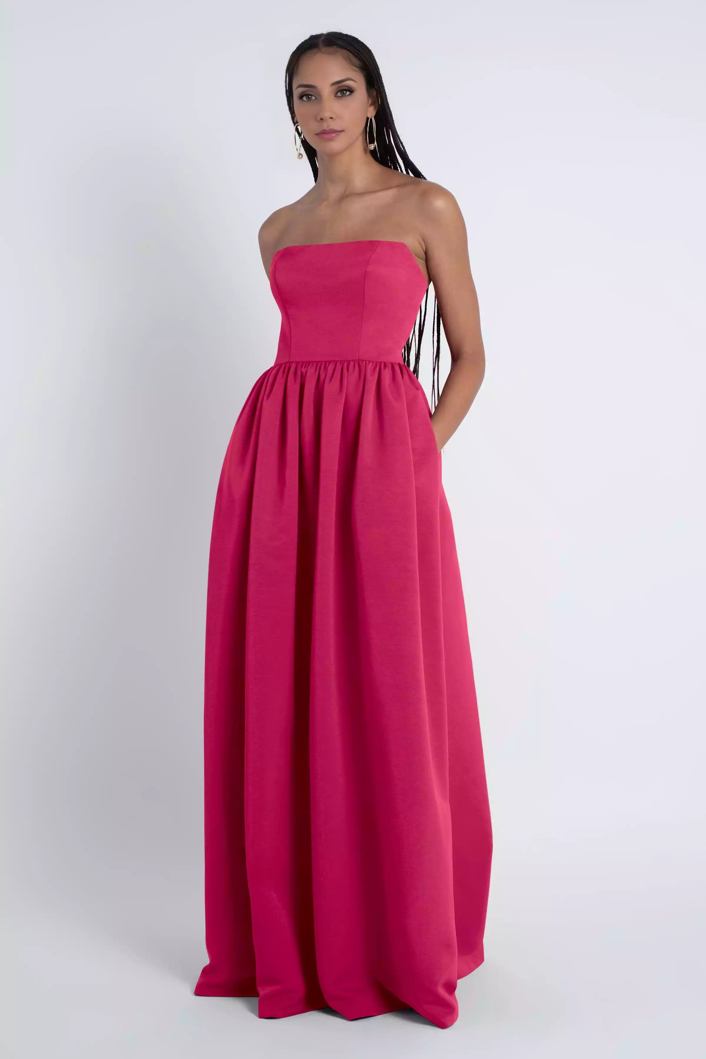 Unique straight neckline, pleated skirt, fully lined back, mid zip Bridesmaid Dresses